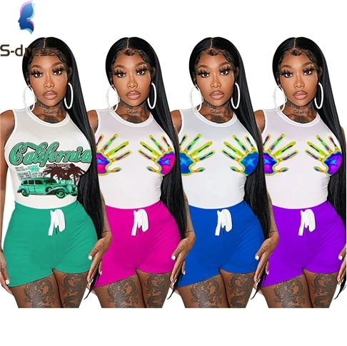 2022 New Arrivals Fashion Print Jogger Sets Crop Top Outfits Women Clothing Two Piece Short Set