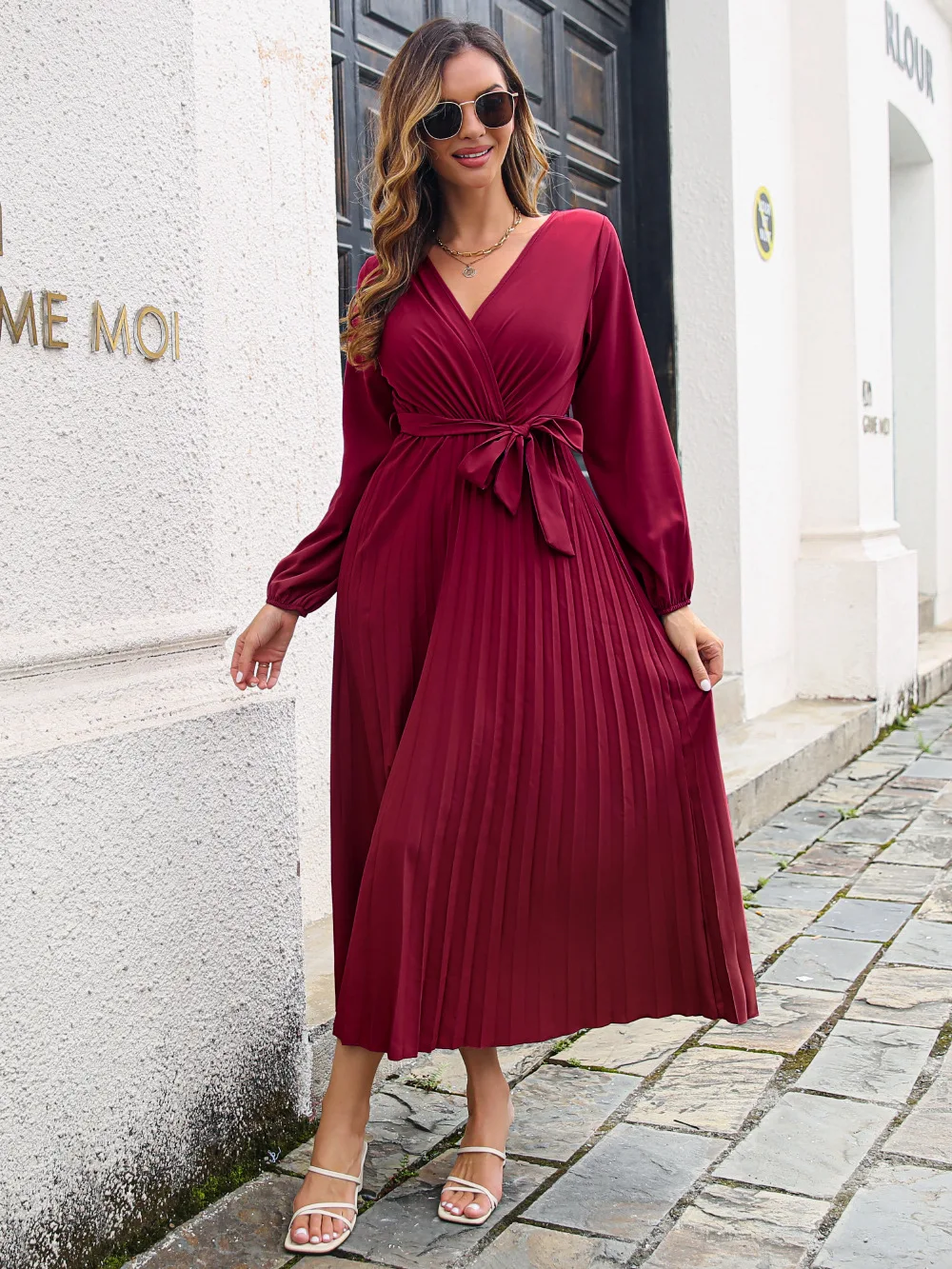 Woying Spring  Autumn and winter temperament cross V collar big place hundred pleated Casual Long Dress