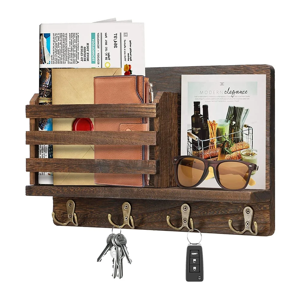 
Wall Mounted Mail Holder Wooden Mail Organizer with 4 Double Key Hooks and Floating Shelf Key Shelf Rack Decorative Mail Sorter 
