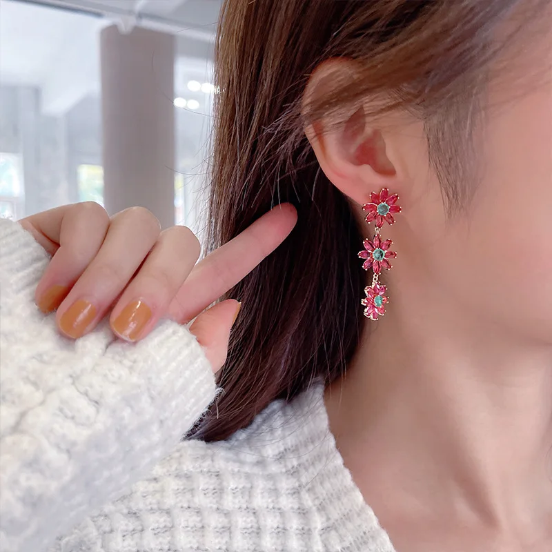 Wholesale Women Elegant Light Luxury Diamond Zircon Rose Red Flower Long Drop Earrings