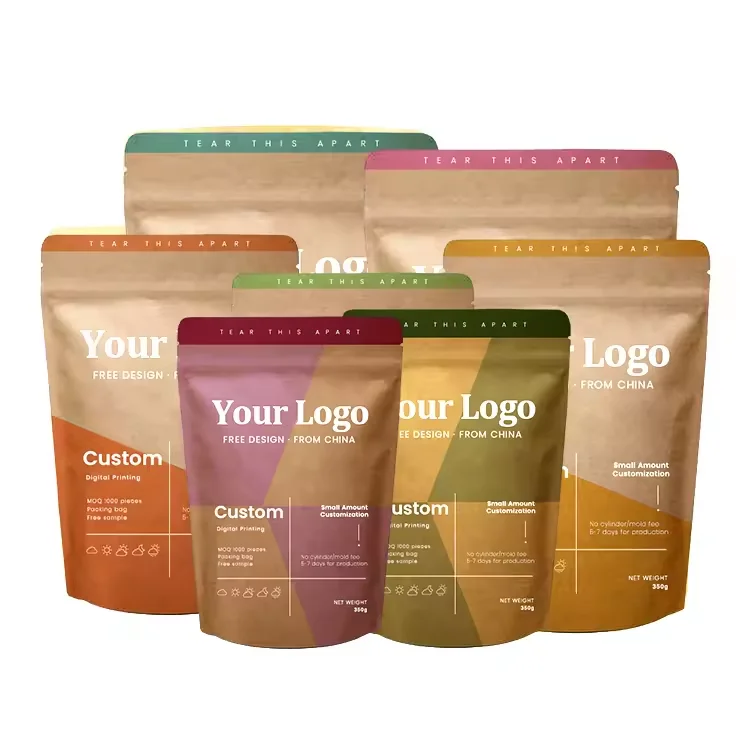 Biodegradable Kraft Paper Pouches with Resealable Zipper Three Side Seal Paper Biodegradable Plastic Mylar Bags for Food Packing