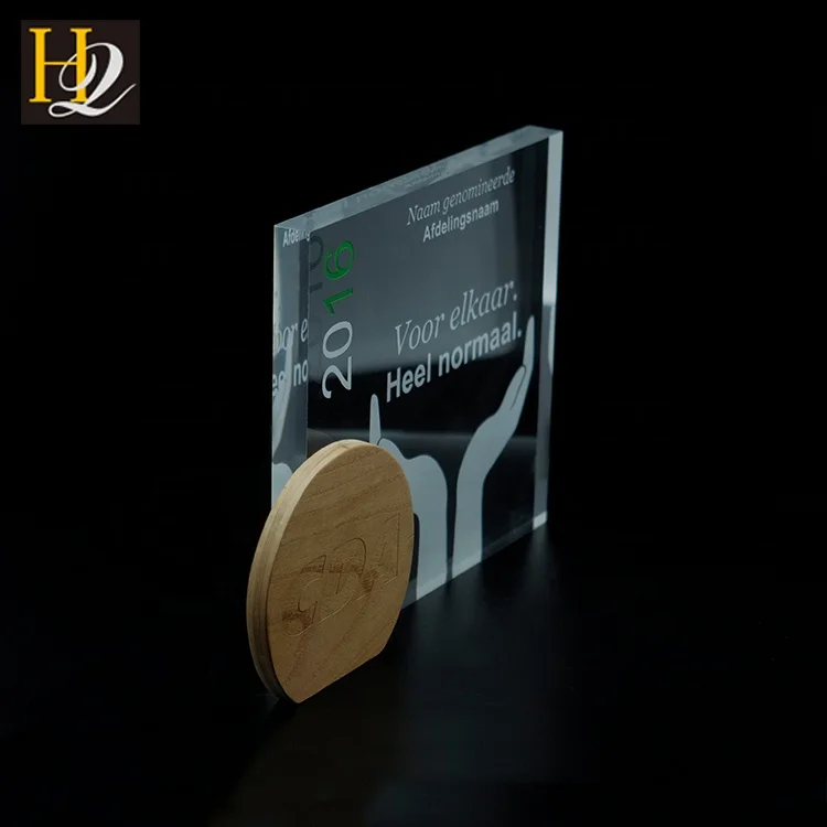 Wholesale high quality Wooden Logo Clear Solid Acrylic Cube Block Trophy Manufacturer Custom Trophy