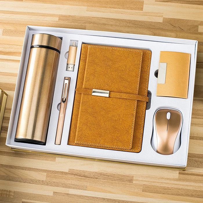 Business style  A5 Plain Notebook + Vacuum Flask Cup+ pen + USB Flash Drive + Name Card Holder + Mouse Customized Gift Set