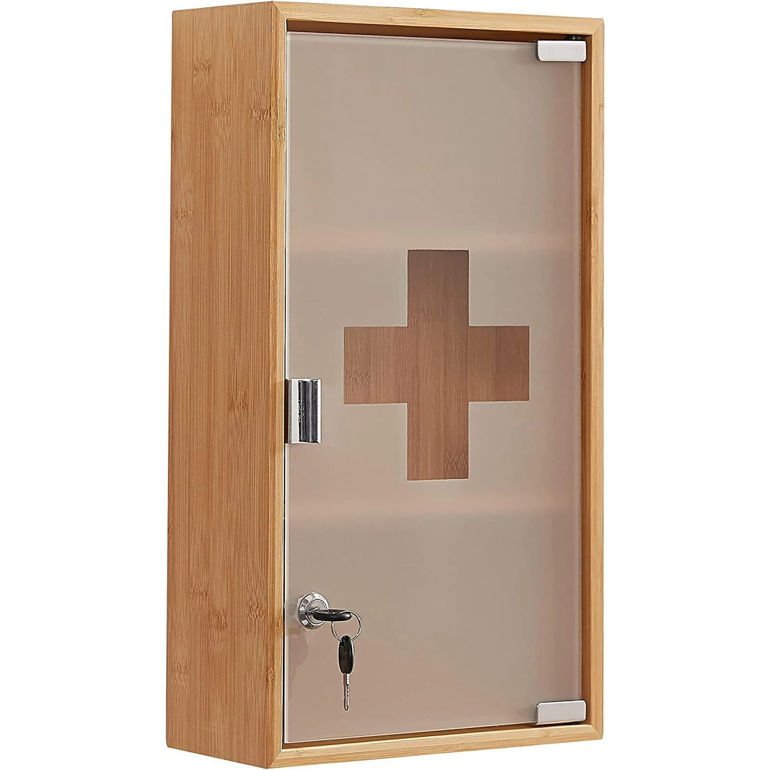 Wall Mount 3 Layer Bamboo and Glass First Aid Cabinet Medicine Cabinet Box with Key for Home Bathroom