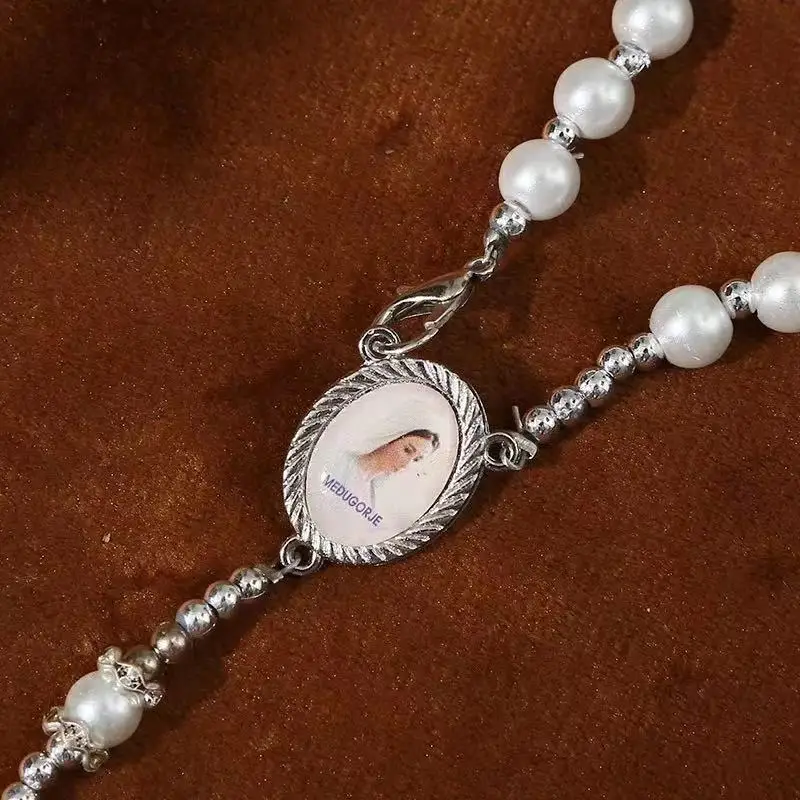 Steel Wire Braid Pearl Central Rosary Sacred Heart Virgin Mary Heart Icons Center Ceremony Jewelry Baptism Rosary