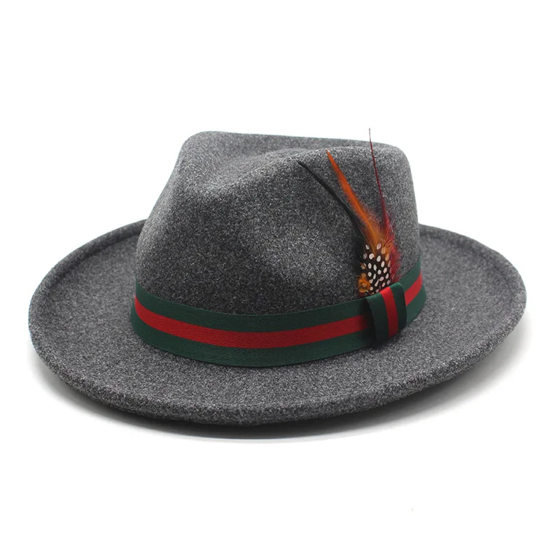 Wholesale  New Trendy Green Red Stripe Ribbon Feather Short Brim Fedora Hats for Men Fit Fashion Suits