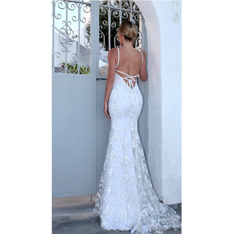 
Floral Embroidery Lace Prom Dress Elegant Floor Length Bridal Gowns Sexy Womens White Wedding Dress 