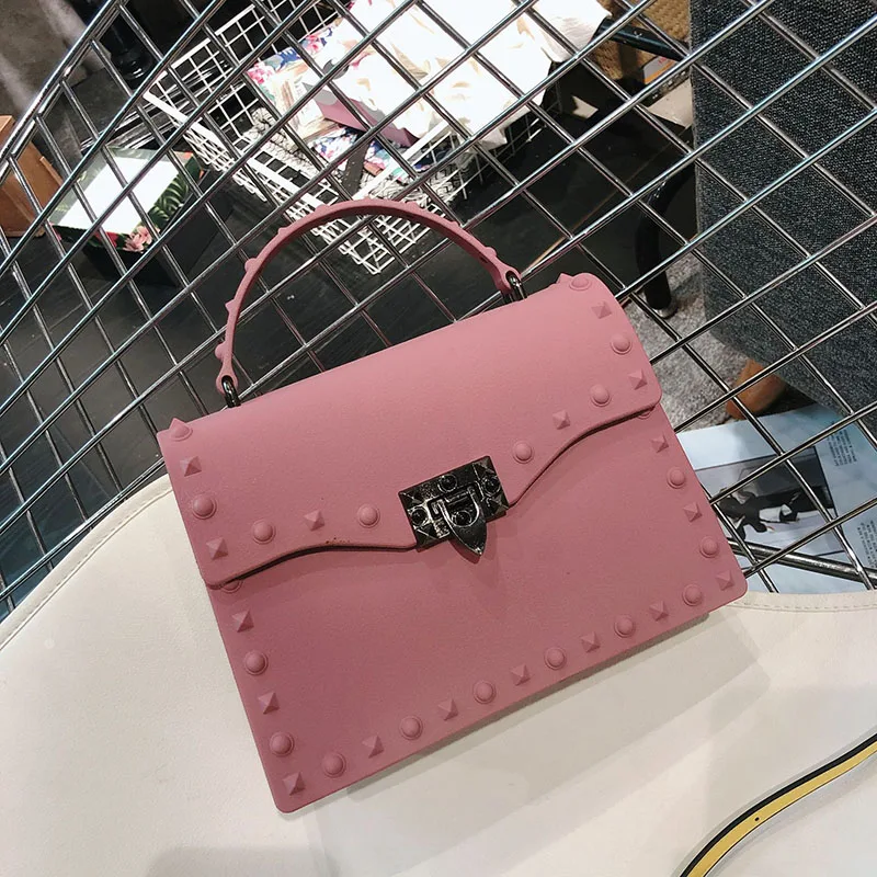 Rivet fashion designer transparent shoulder lady purse PVC jelly bag trendy color handbags for women