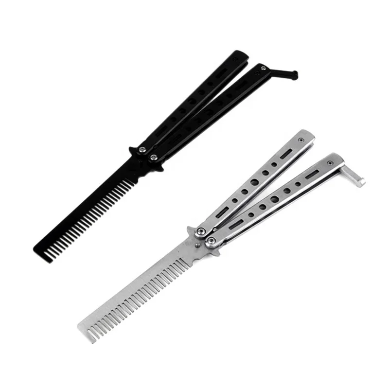 Wholesale portable discreet self dense comb knife black silver pocket foldable butterfly knife comb