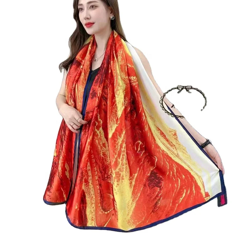 Wholesale Printed 90*180 Silk Like Satin Scarf Fashion Custom Logo Women Spring Style Pattern DEWANG