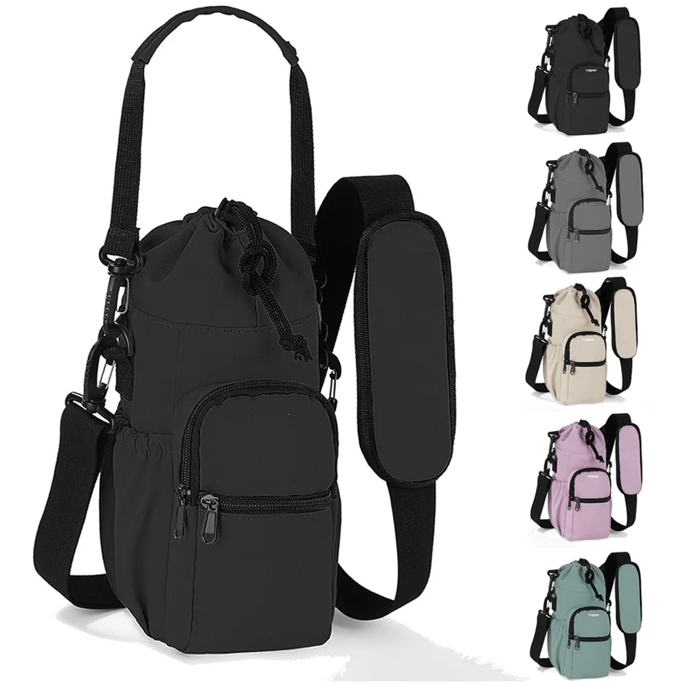 Adjustable strap neoprene fabric water bottle carrier sleeve pouch tumbler cup holder sling bag with phone pocket