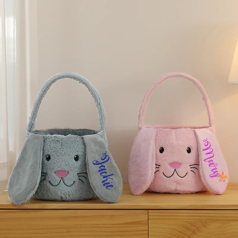 Wholesale Custom Fluffy Gift Egg Bucket Kids Puffy Plush Long Bunny Bags Ears Sublimation Easter Baskets