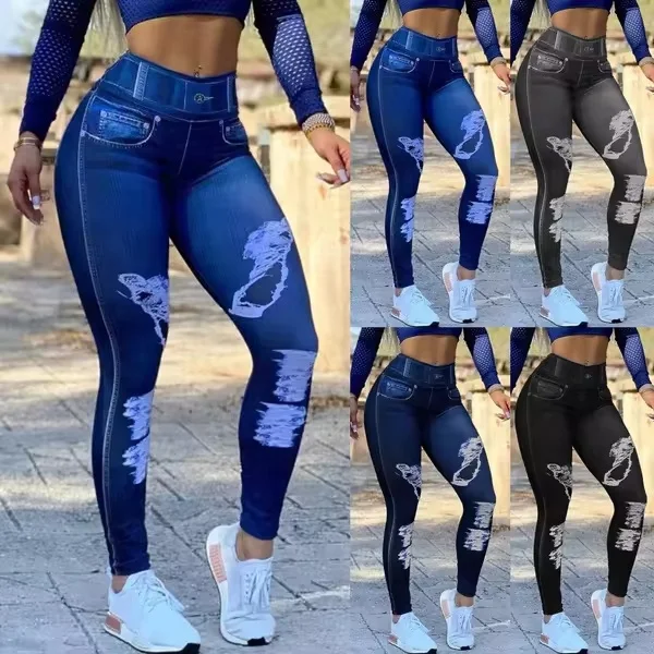 Only accept wholesale new high quality large size digital printed jeans stretch ripped leggings color skinny jogging jeans women