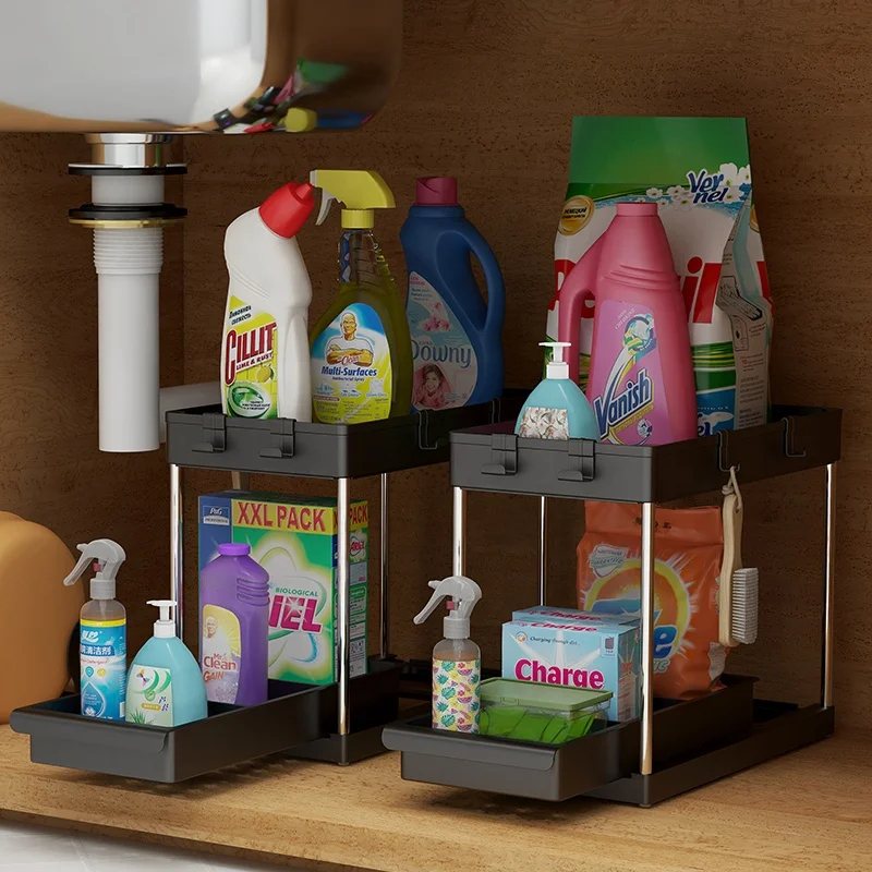 Sliding Cabinet Basket Organizer 2 Tier Under Bathroom Storage Rack with Hooks Under Sink Organizer with Drawer