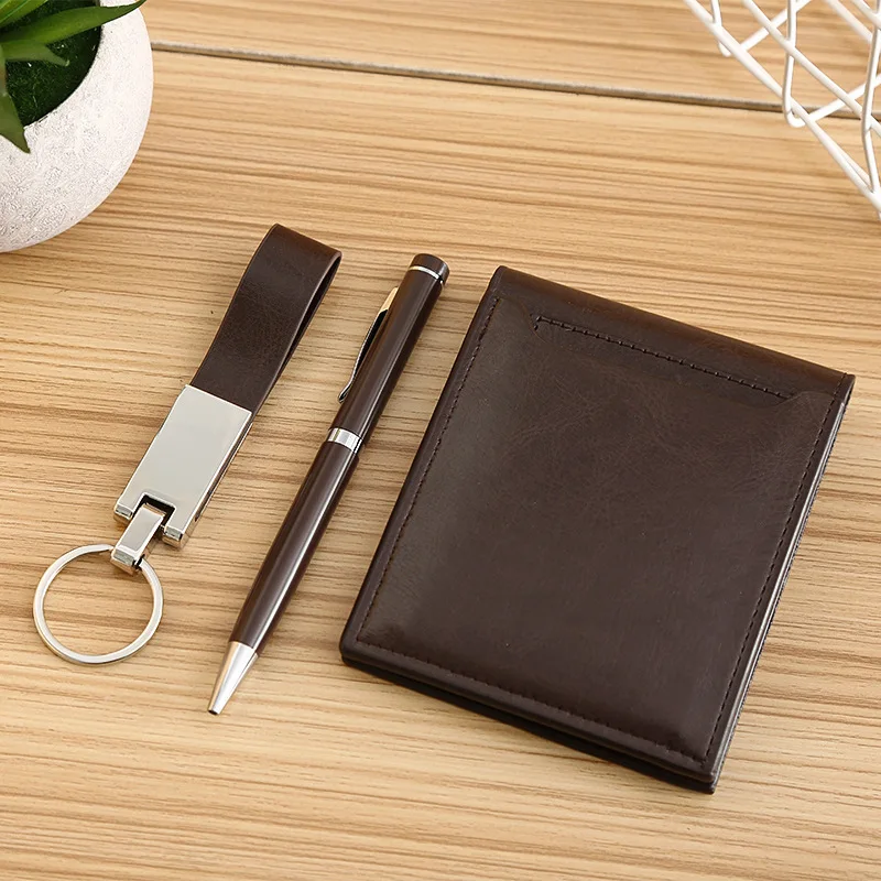Promotional office business custom logo giveaway souvenir Men wallet pen keychain set box corporate gift set