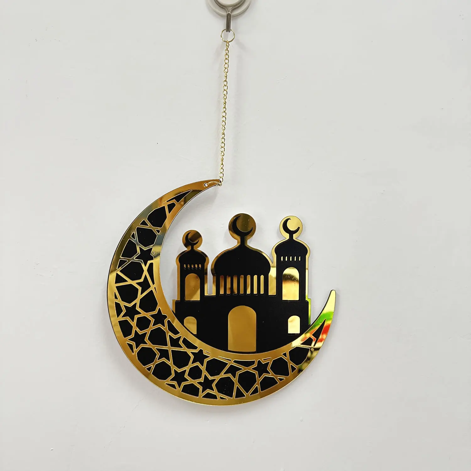 Ramadan Gift Umrah Hajj Favor Eid Mubarak Moon Mosque Hanging Wooden Decoration Muslim Black Gold Crescent Wood Sign