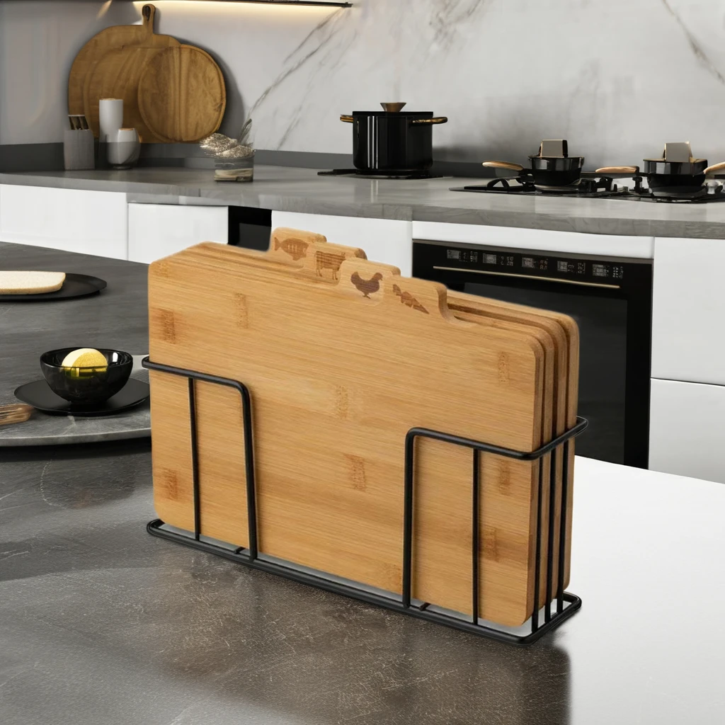Set of 4 Bamboo Wooden Index Cutting Board Chopping Board  with Storage Metal Holder for Kitchen Bread Meat Vegetables Fish