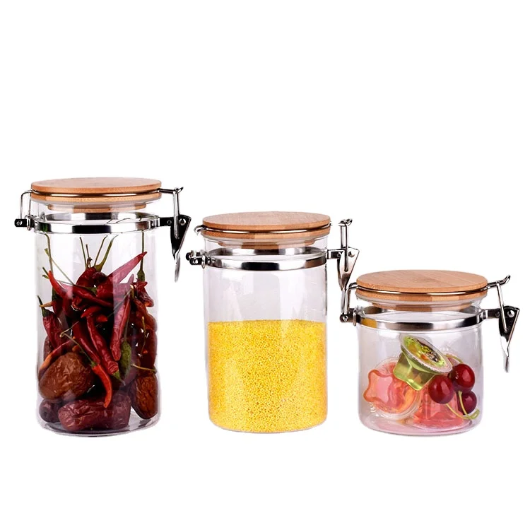 200ml-1300ml Customized Logo Round Glass Jar With Airtight Lid Metal Clamp And Bamboo Lid