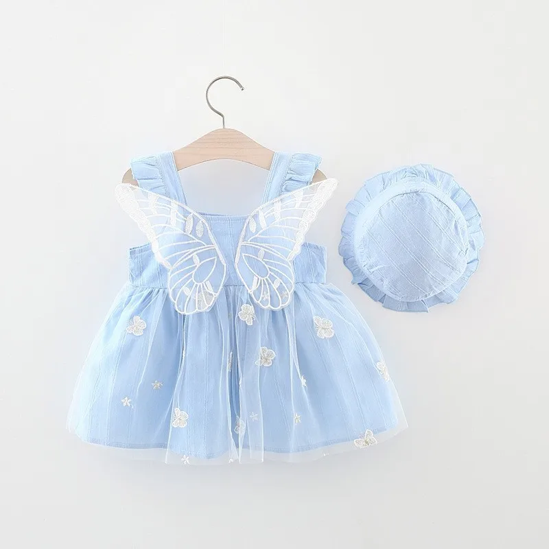 fairy dress for baby girl fly suspender mesh  butterfly skirt with butterfly wing back  + baby hat kids party dresses