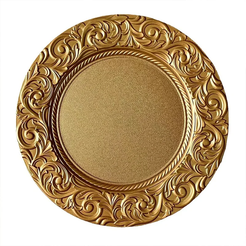 13 Inch Gold Embossed  Plastic Charger Plates Round Acrylic Dinner Plate Wedding Christmas Party Restaurant Dinnerware