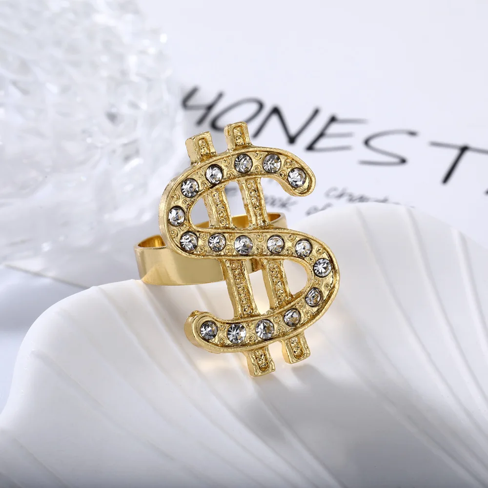 Vintage Custom Punk Costume Ring with Money Symbol Hip Hop Alloy Dollar Symbol Ring for Unisex