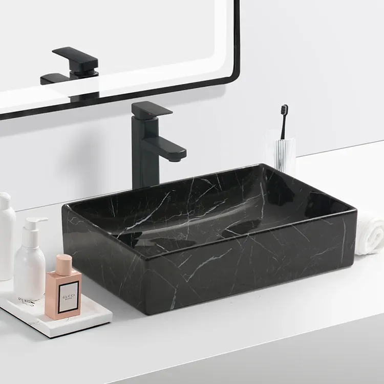 Sink Lavabo Art Marble Hand Wash Basin Countertop Marble Bathroom Waschbecken Ceramic White Modern Rectangle Hotel Drainer 9L