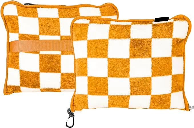 OEM 100% Polyester 4-in-1 Soft Checkerboard Pattern Plaid Travel Blanket with Portable Zipper Bag Custom Logo