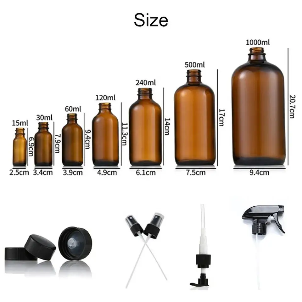 Customized Capacity Thick Glass Bottle 300 Ml 500 Ml 1000 Ml  Boston Round Amber Brown Glass Brown Spray Bottles