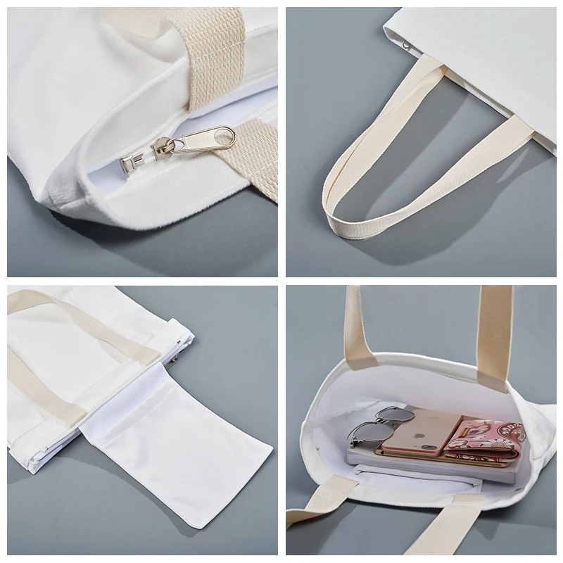 Customized Logo Printed  Recycle Plain Organic Cotton Canvas Tote Shopping Bags with zipper