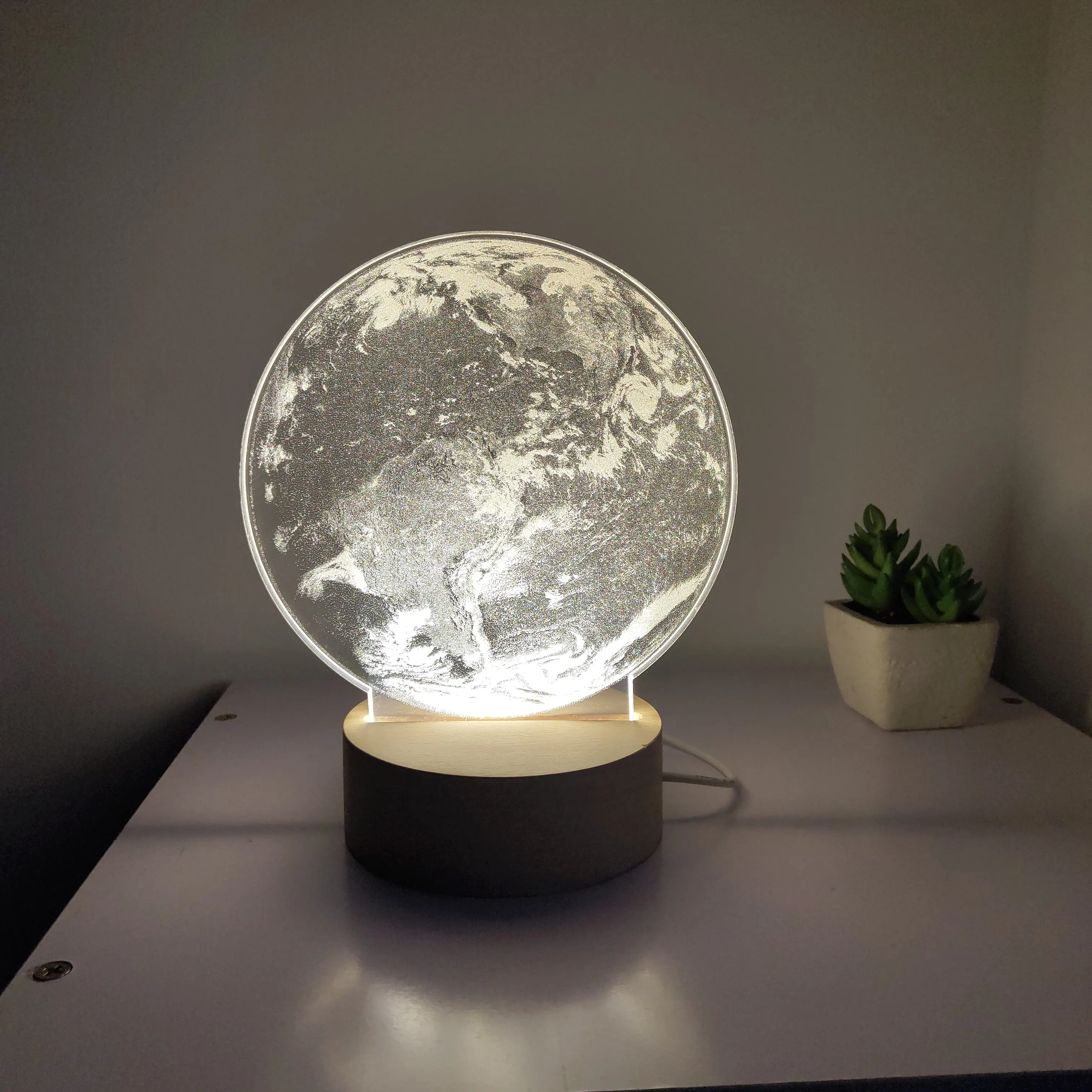 Best-selling christmas  wooden base acrylic sheet Earth pattern USB cable Bedroom Living room party 3D acrylic night light