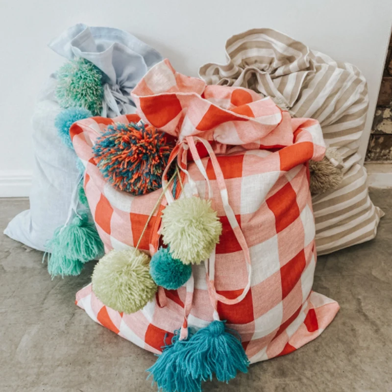 Gingham Santa Sack With Pom Pom Drawstring Large Christmas Sack Wholesale Christmas Gift Bags