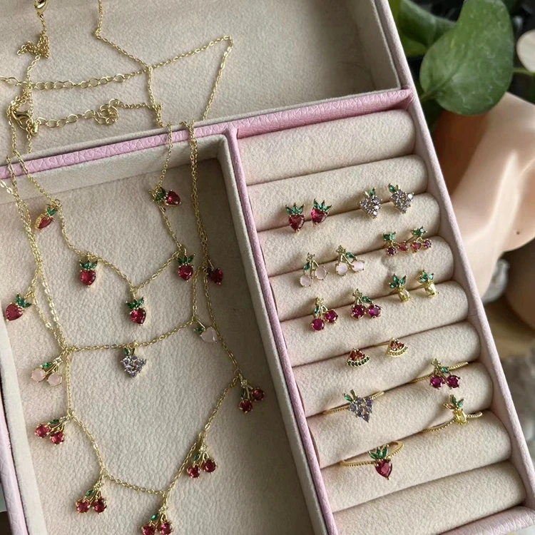 Korean minimalist design 18K gold plated inlay cute colorful zircon peach cherry fruit pendant necklace for women jewelry