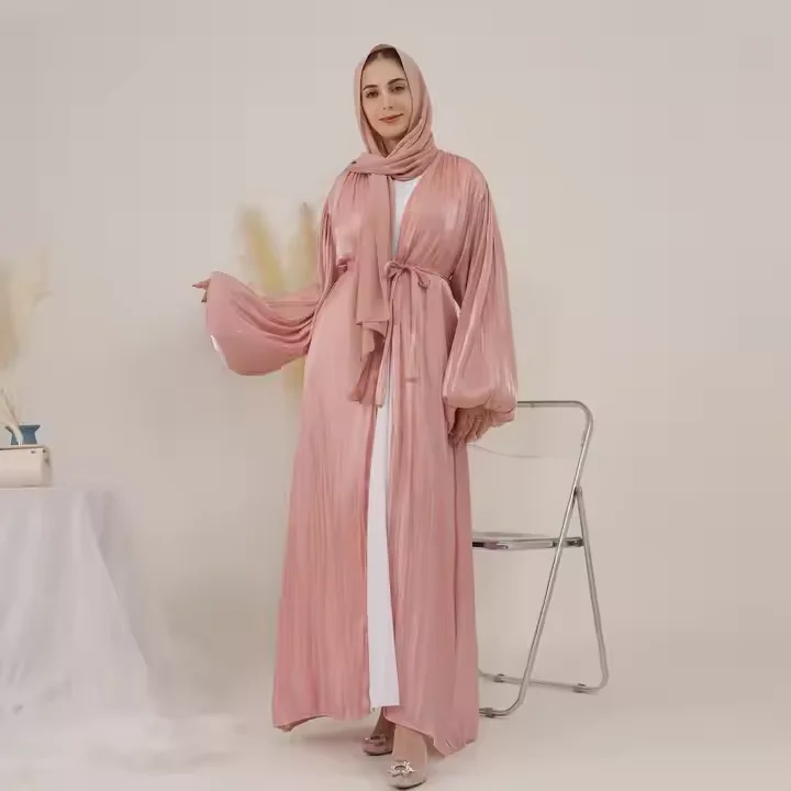 Middle east muslim women clothing shinny polyester see through spring  summer open abaya islamic dress