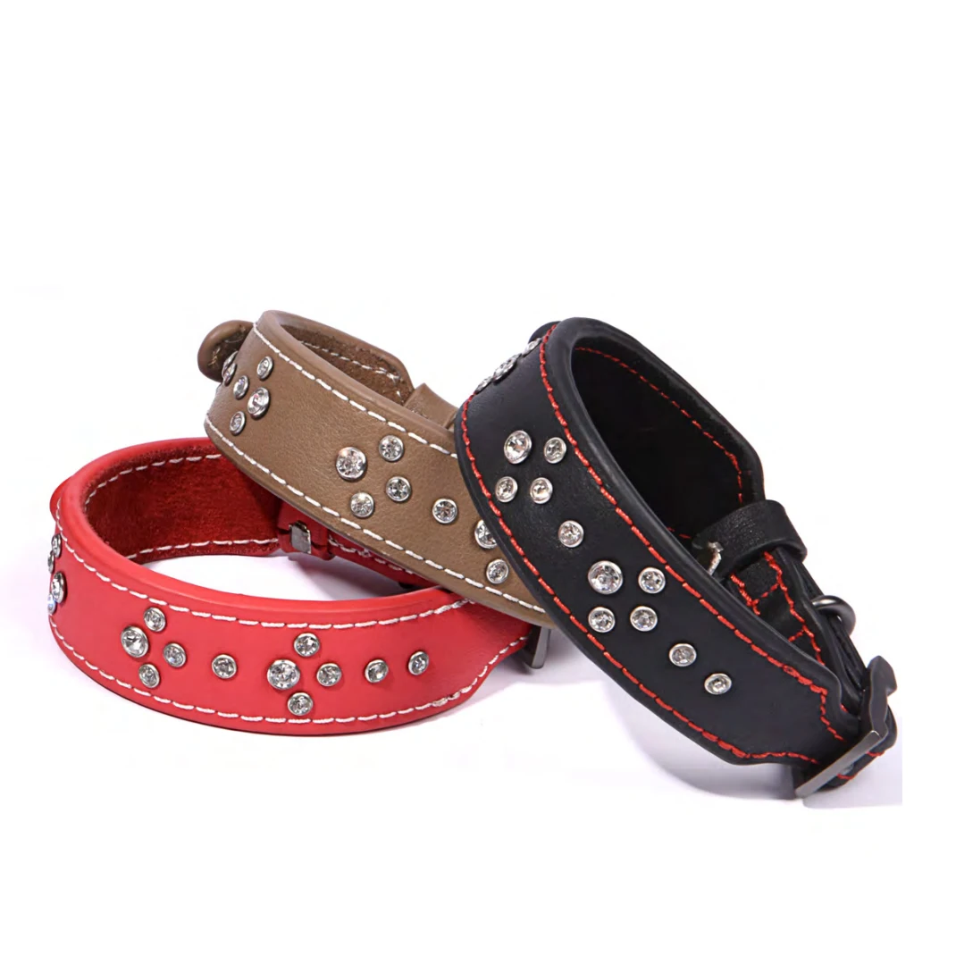 Dogness genuine leather collar bling crystal stone Napa leather customized diamond studded soft and strong dog collar