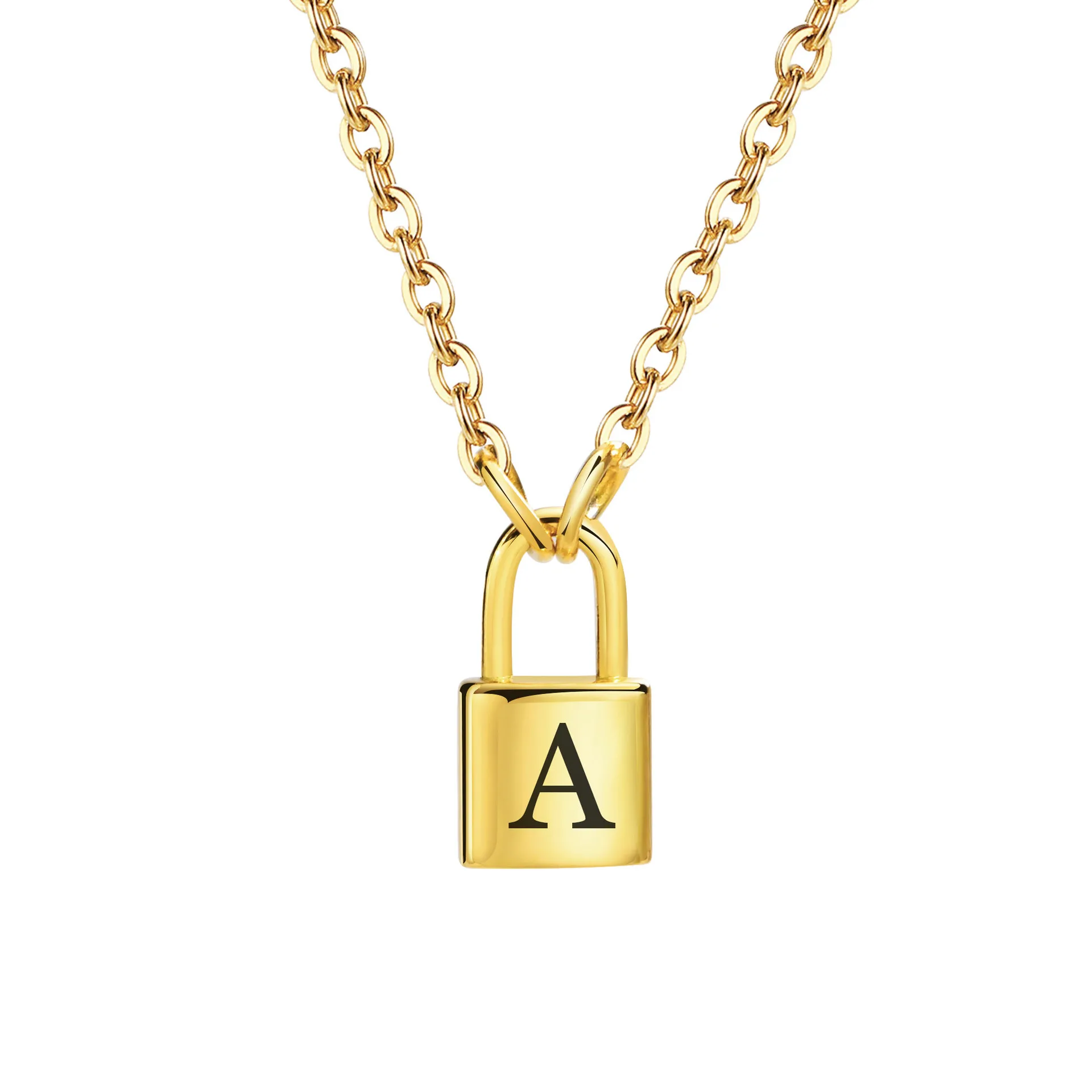 Hot selling stainless steel 18K gold plated 26 English initials lock pendant necklace