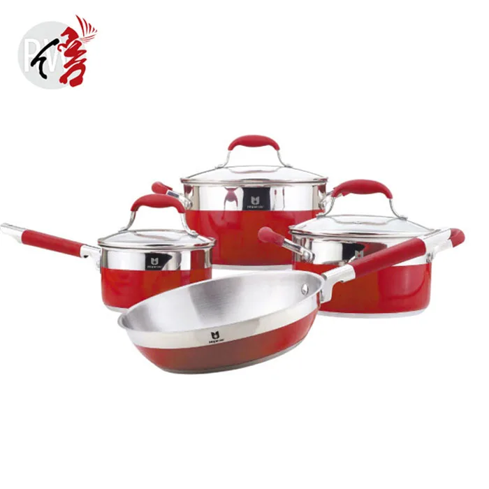 Realwin Kitchen Cooking Christmas Gift Red Color Coating Stainless Steel Pot and Saute Pan Skillet Frypan Saucepan Cookware Set