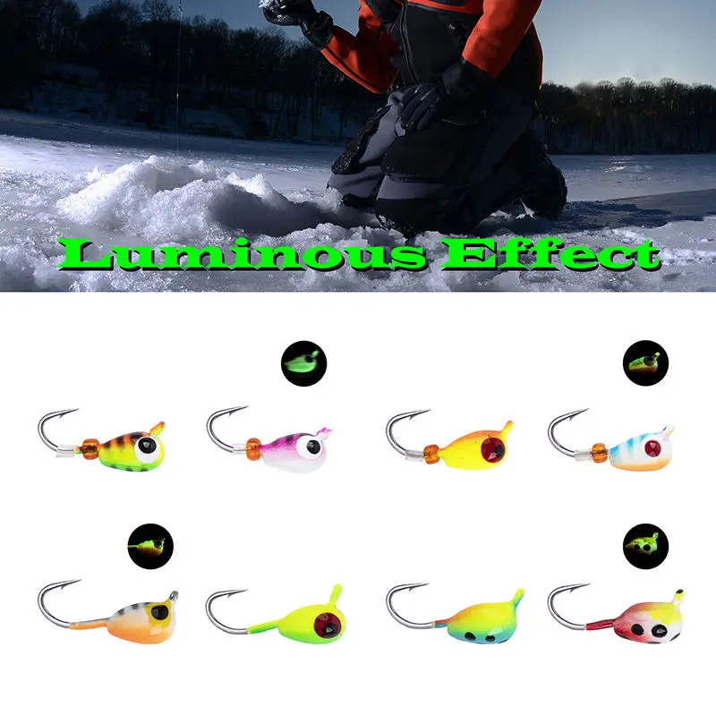 Wholesale Winter Fishing Small Colorful Lure Glowing Tungsten Raindrop Ice Jigs Head Set with Tackle Box