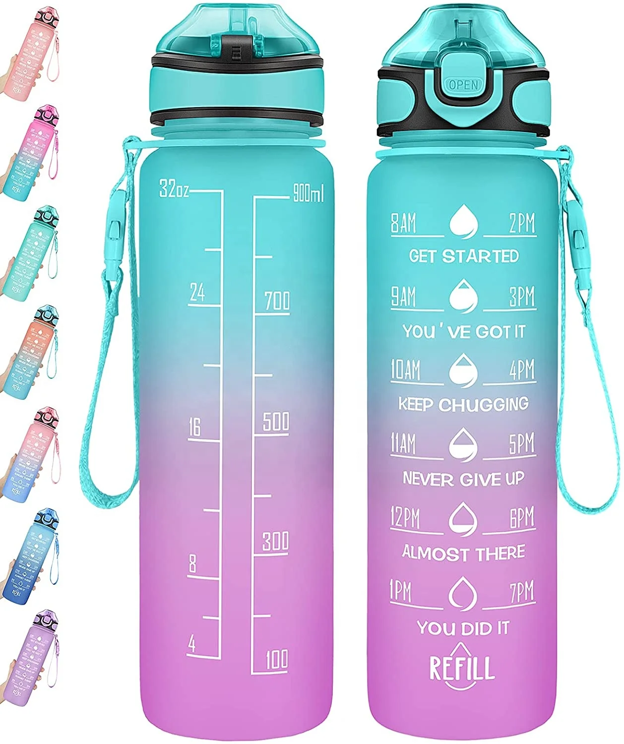 32oz Large Spprts Water Bottle with Motivational Time Marker & Removable Strainer Fast Flow for Fitness Gym and Outdoor Sports