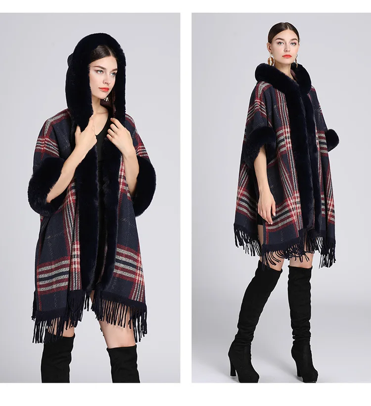 Fashion Winter Women Plaid Faux Fur Cape Cloak Rabbit Fur Hooded Poncho Cardigan