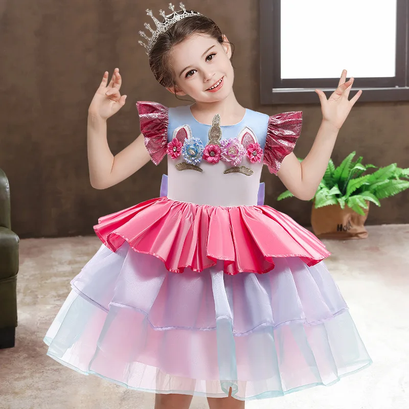 New Girl Rainbow Unicorn Dress For Kids Embroidery Ball Gown Baby Girl Princess Birthday Dresses Party Costume Children Clothing