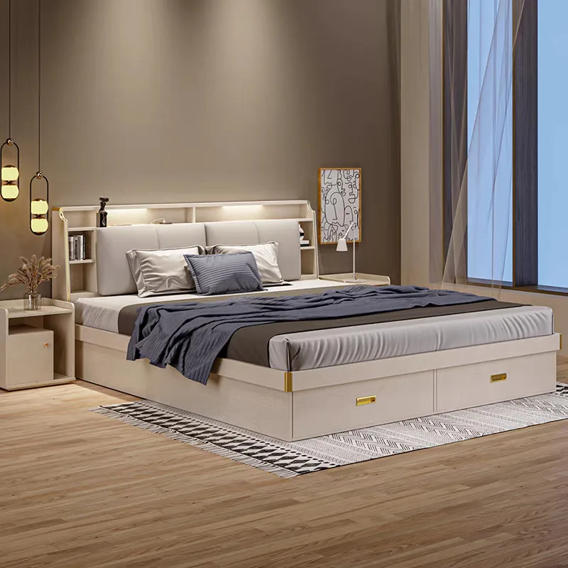 Foshan Home Furnishing King Queen Double Single Size White Wooden Panel Bed Hotel Furniture