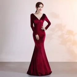 2020 Arrivals 4colors women elegant v neck long sleeves slim velvet mermaid evening dress