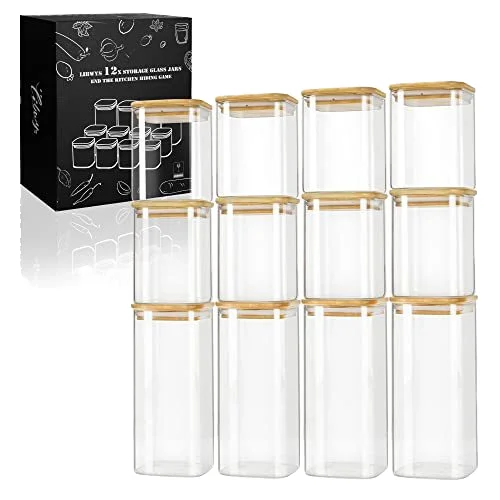 12-Piece 7oz 200ml Bamboo Lid Square Glass Spice Jar Set Home Kitchen Herbs Seasoning Seeds Plastic Wood Labels Pen Included