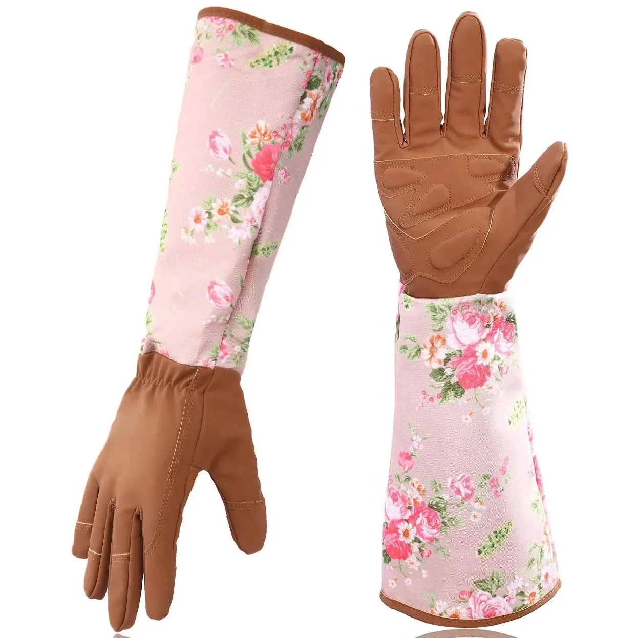 outdoor brown floral printed Rose Pruning Long synthetic Leather microfiber Thorn resistant Proof Ladies Gardening work Gloves