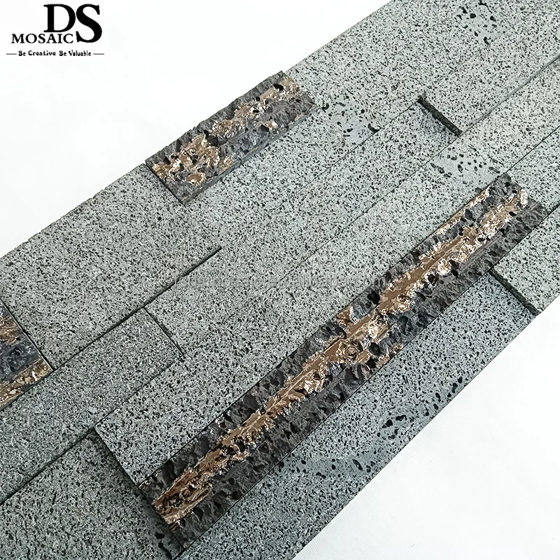 Formed Crack  Irregular Matte Surface Volcanic Stone Wall Tile with Gold Line Lava Stone Mosaic Tiles for Backsplash Floor