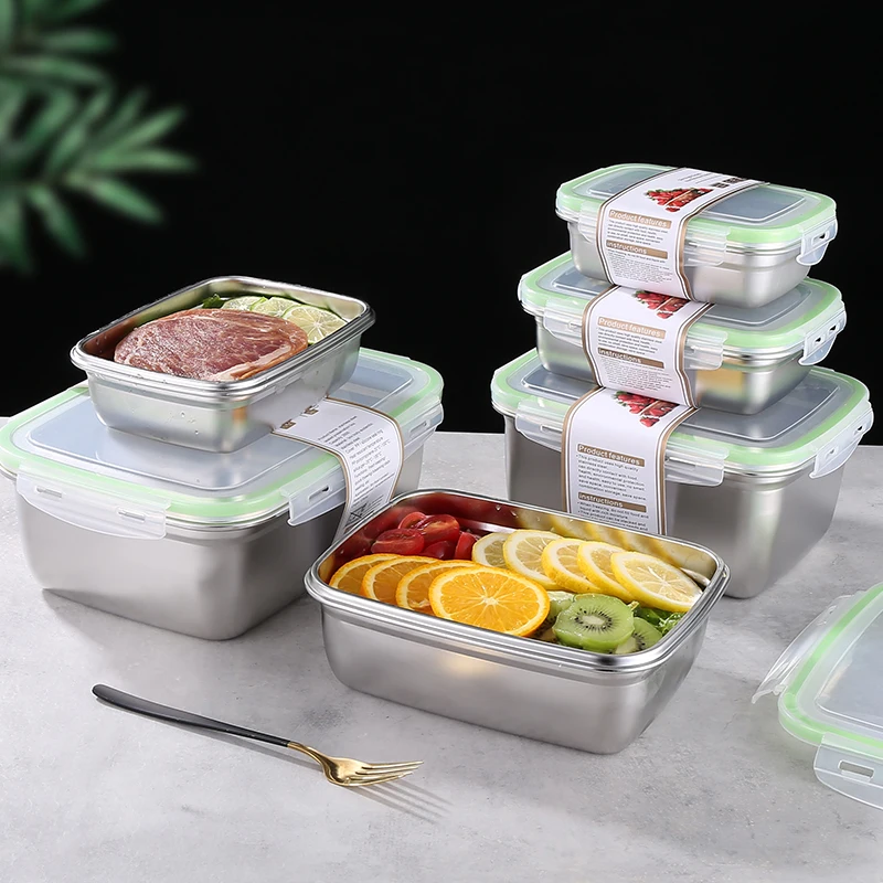 Stainless Steel Food Container with Airtight PP Lid Fresh Storage Container Portable Metal Lunch Box