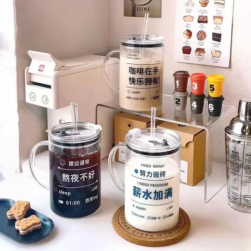 1000 ml High borosilicate glass cup with lids and straws,large belly cup, milk cup, heat-resistant glass handle cup