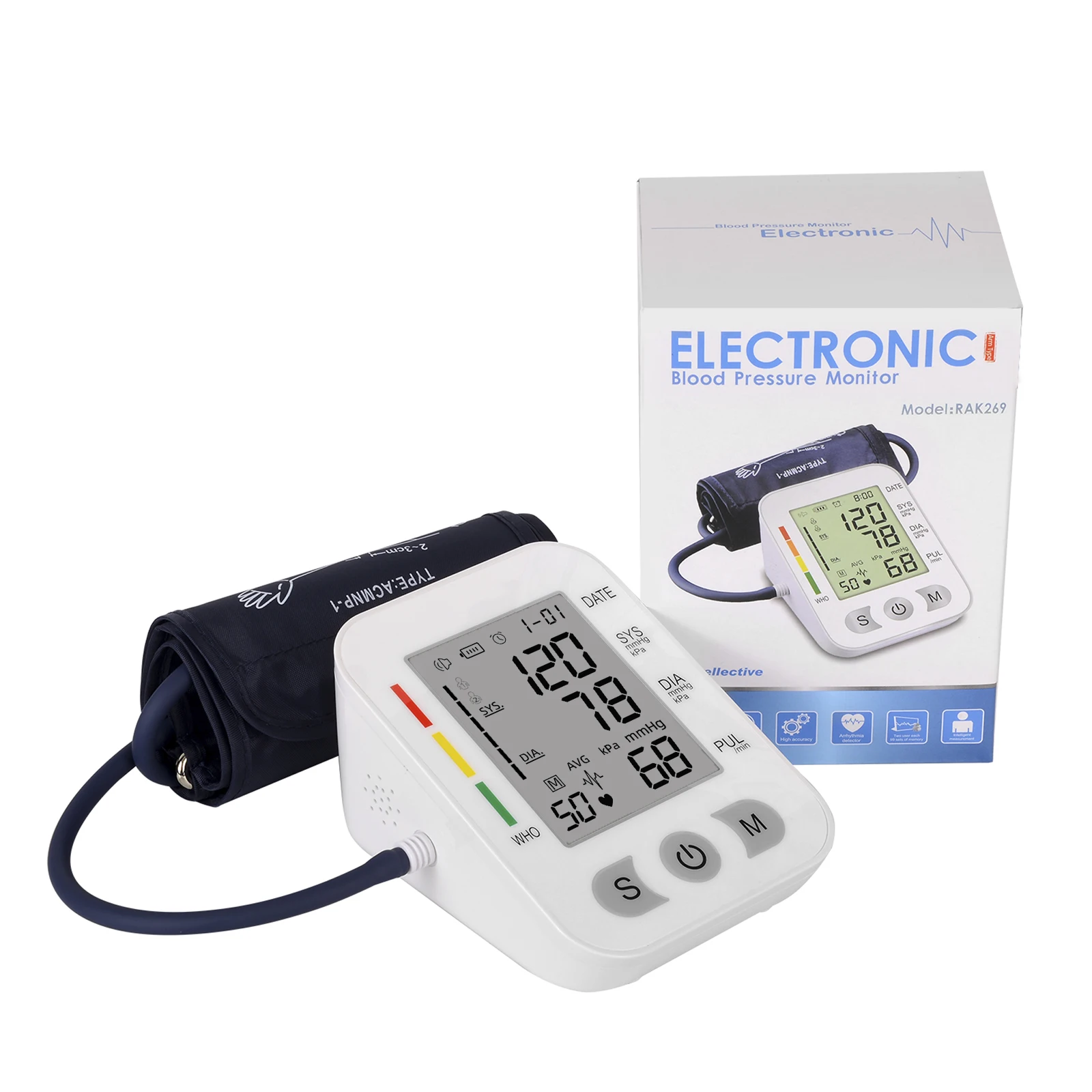 szkia Blood Pressure Monitor  Automatic Upper Arm Universal Cuff  Jumbo Color Backlit Display 180 Memory Includes Batteries