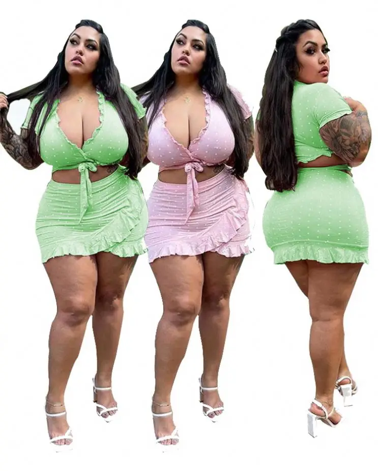 Plus Size L-4xl Ruffles Skirt 2 Piece Set For Women Clothing Polka Dot Print V-neck Two Piece Skirts Set Womens Set Plus Size