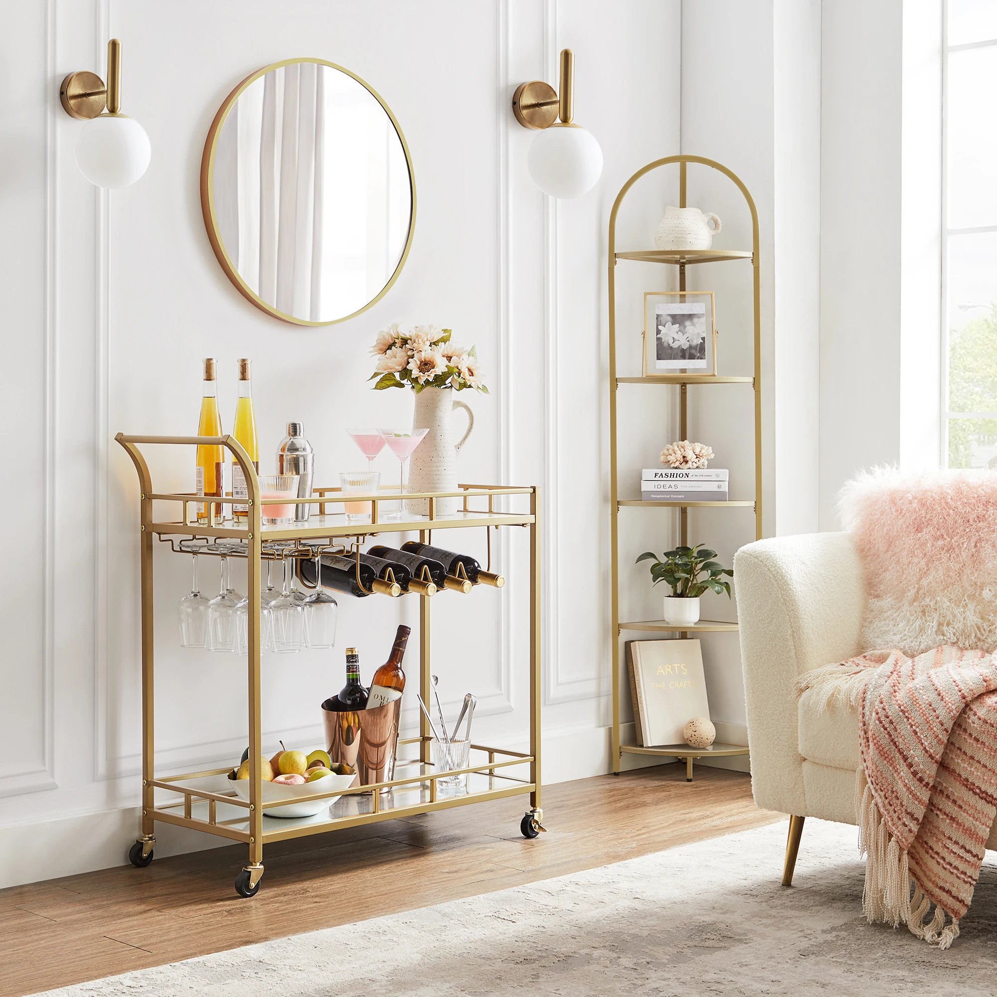 VASAGLE Home Glass bar Cart Trolley Hotel Serving Luxury With Wine and Holders Gold champagne Mobile